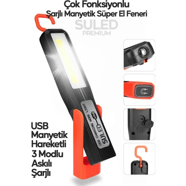 Suled Manyetik Tamirci El Feneri 3 Modlu Şarjlı COB Xpe Led Acil Durum Kamp Tamir İkaz Lambası