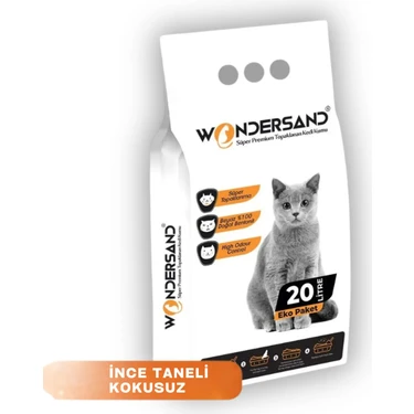 Wondersand 20 Lt Beyaz Bentonit Ince Tane Kokusuz Süper Topaklanan Premium Kedi